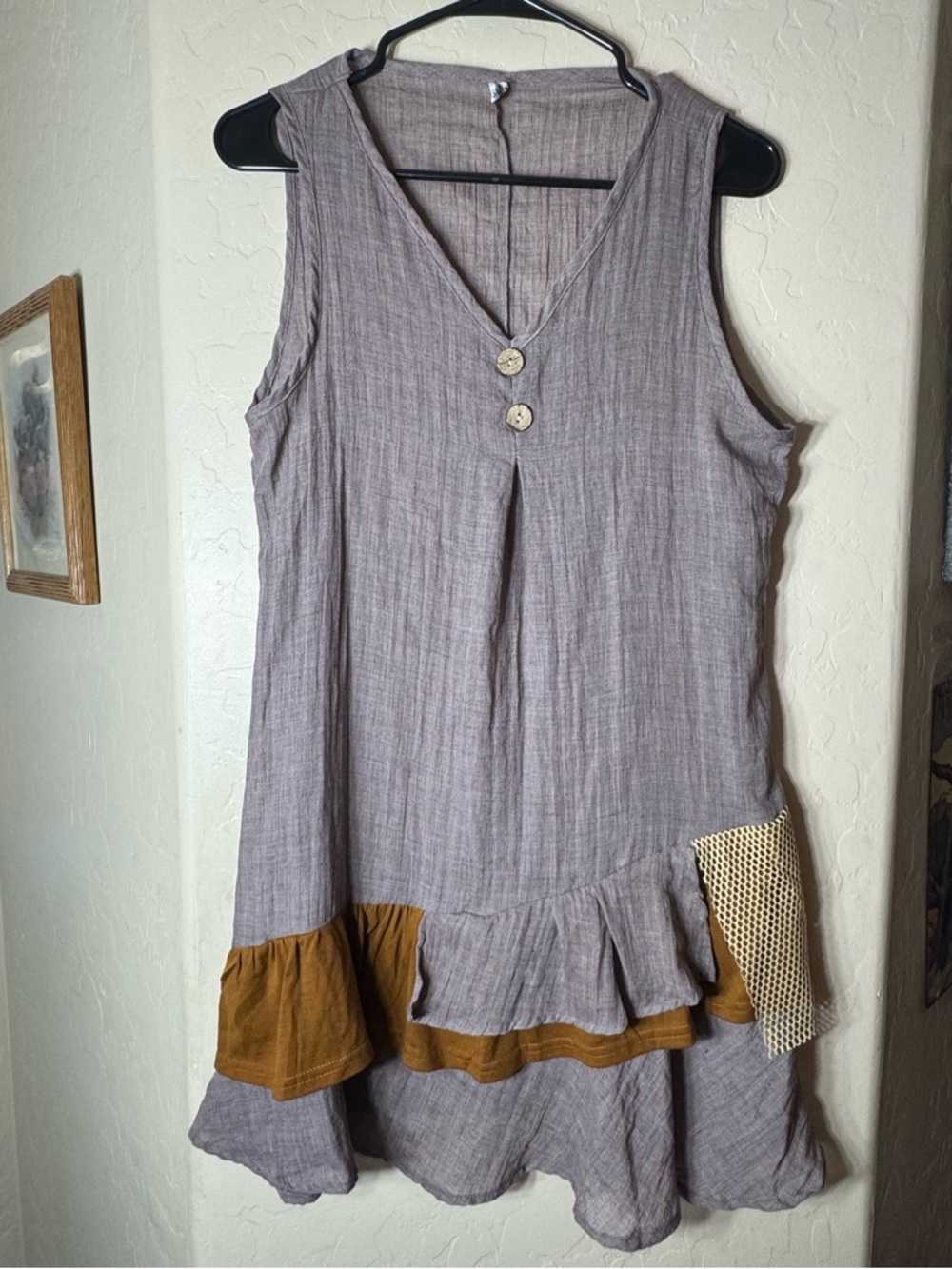 Misslook Brown Tan Piratecore Boho Layered Ruffle Sleeveless Tunic Dress S